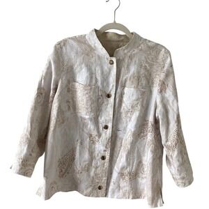 Paisley Linen Blend Button Down Shirt‎ Jacket Cream Beige Elegant Womenswear